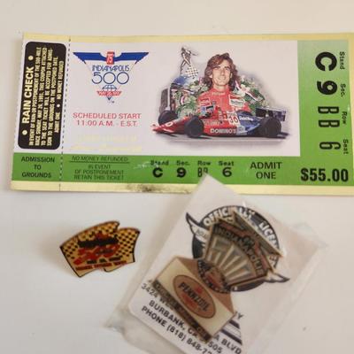 Sale Photo Thumbnail #346: This lot is for a grouping of Indy 500 Collectibles. Included are a 1991 paper ticket, a 1989 Kodak Racing Pin and a 1997 Pennzoil Motor Oil Pin in its original packaging.  Nice find if you are into the Indy 500.