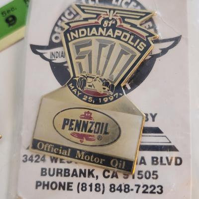 Sale Photo Thumbnail #348: This lot is for a grouping of Indy 500 Collectibles. Included are a 1991 paper ticket, a 1989 Kodak Racing Pin and a 1997 Pennzoil Motor Oil Pin in its original packaging.  Nice find if you are into the Indy 500.
