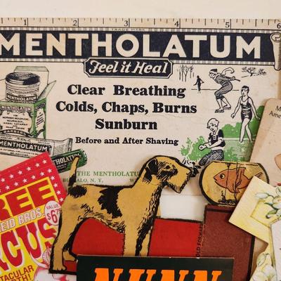 Sale Photo Thumbnail #354: This lot is for Lots of Paper Ephemera.  This grouping is chock full of interesting 'snip-its' of the past.  From old wager tickets to coupons for circus discounts, plus old advertising, stamps and a vintage mileage calculator.  Where you gonna find it.