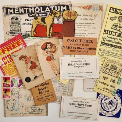 Sale Photo Thumbnail #358: This lot is for Lots of Paper Ephemera.  This grouping is chock full of interesting 'snip-its' of the past.  From old wager tickets to coupons for circus discounts, plus old advertising, stamps and a vintage mileage calculator.  Where you gonna find it.
