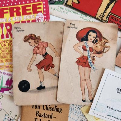 Sale Photo Thumbnail #359: This lot is for Lots of Paper Ephemera.  This grouping is chock full of interesting 'snip-its' of the past.  From old wager tickets to coupons for circus discounts, plus old advertising, stamps and a vintage mileage calculator.  Where you gonna find it.