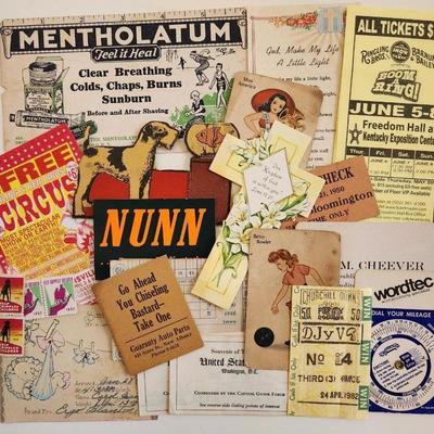 Sale Photo Thumbnail #352: This lot is for Lots of Paper Ephemera.  This grouping is chock full of interesting 'snip-its' of the past.  From old wager tickets to coupons for circus discounts, plus old advertising, stamps and a vintage mileage calculator.  Where you gonna find it.