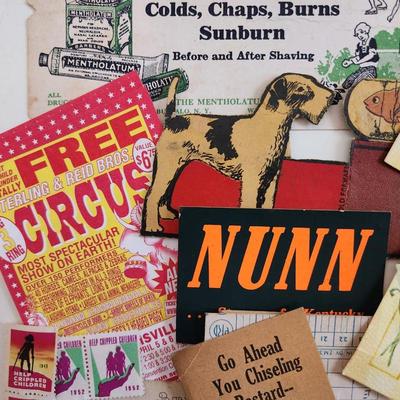 Sale Photo Thumbnail #355: This lot is for Lots of Paper Ephemera.  This grouping is chock full of interesting 'snip-its' of the past.  From old wager tickets to coupons for circus discounts, plus old advertising, stamps and a vintage mileage calculator.  Where you gonna find it.