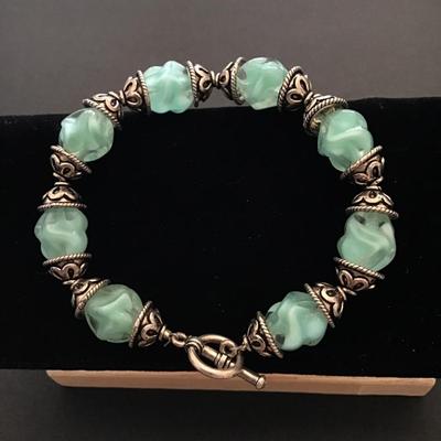 Beautiful turquoise, mint, or sea green glass beaded toggle bracelet
