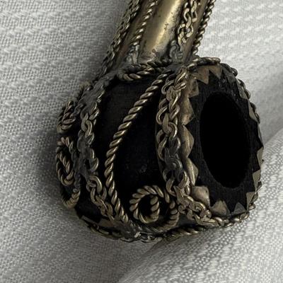 Sale Photo Thumbnail #320: Decorative silver pipe with elaborate metalwork, collectable tobacco smoking pipe.
Eastern European.  Shows wear on silver.
6.75 inches