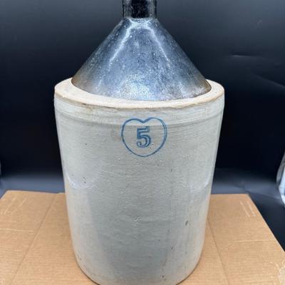 Antique 5 Gallon Stoneware Crock w/ Albany Slip Lid – Heart “5” Mark – Moonshine Jug