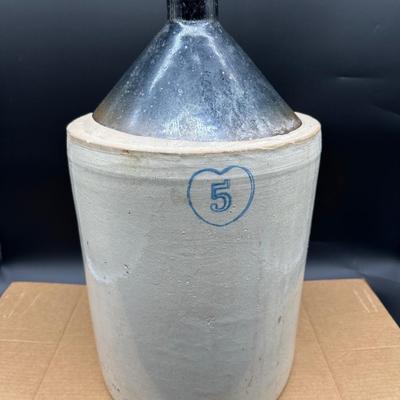 Antique 5 Gallon Stoneware Crock w/ Albany Slip Lid – Heart “5” Mark – Moonshine Jug