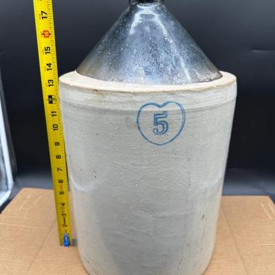 Antique 5 Gallon Stoneware Crock w/ Albany Slip Lid – Heart “5” Mark – Moonshine Jug