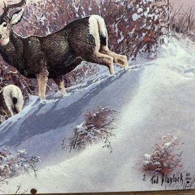 Rustic Deer Tin Art – Ted Blaylock (1988) Signed Tin Panel – Barn Wood & Barbed Wire Frame