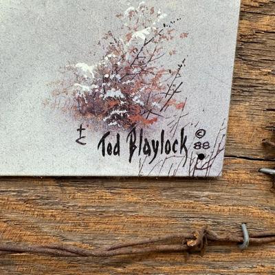 Rustic Deer Tin Art – Ted Blaylock (1988) Signed Tin Panel – Barn Wood & Barbed Wire Frame