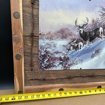 Rustic Deer Tin Art – Ted Blaylock (1988) Signed Tin Panel – Barn Wood & Barbed Wire Frame
