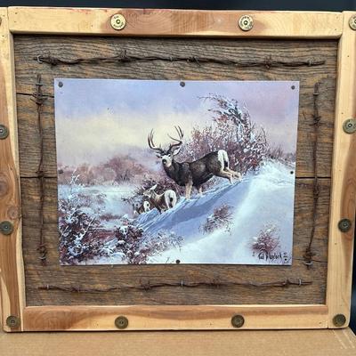 Rustic Deer Tin Art – Ted Blaylock (1988) Signed Tin Panel – Barn Wood & Barbed Wire Frame
