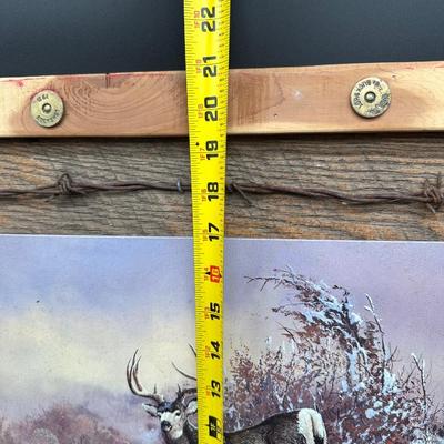 Rustic Deer Tin Art – Ted Blaylock (1988) Signed Tin Panel – Barn Wood & Barbed Wire Frame