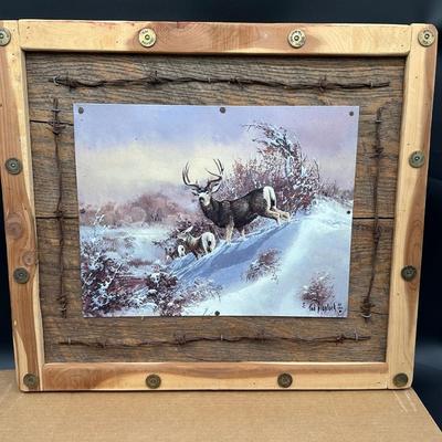 Rustic Deer Tin Art – Ted Blaylock (1988) Signed Tin Panel – Barn Wood & Barbed Wire Frame