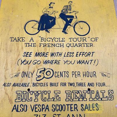 Vintage “Bicycle Rentals” Hand-Painted Wooden Sign – French Quarter New Orleans