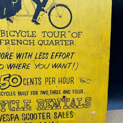 Vintage “Bicycle Rentals” Hand-Painted Wooden Sign – French Quarter New Orleans