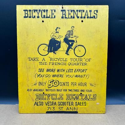 Vintage “Bicycle Rentals” Hand-Painted Wooden Sign – French Quarter New Orleans