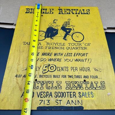 Vintage “Bicycle Rentals” Hand-Painted Wooden Sign – French Quarter New Orleans