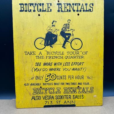 Vintage “Bicycle Rentals” Hand-Painted Wooden Sign – French Quarter New Orleans