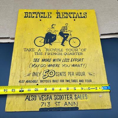 Vintage “Bicycle Rentals” Hand-Painted Wooden Sign – French Quarter New Orleans