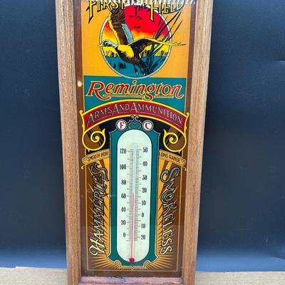 Vintage Remington Arms & Ammunition Framed Thermometer – “First in the Field” – Works