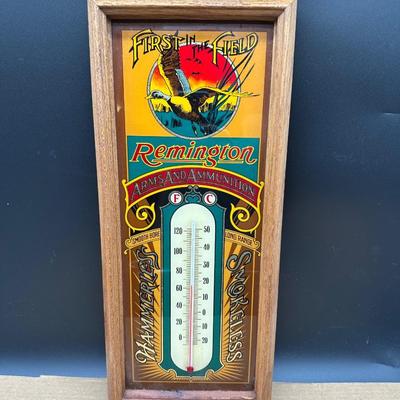 Vintage Remington Arms & Ammunition Framed Thermometer – “First in the Field” – Works