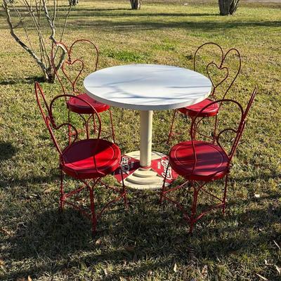 Vintage Coca-Cola Café Table w/ 4 Red Heart-Back Chairs – Retro Diner Set