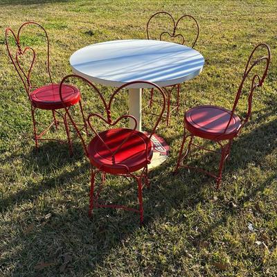 Vintage Coca-Cola Café Table w/ 4 Red Heart-Back Chairs – Retro Diner Set
