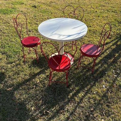 Vintage Coca-Cola Café Table w/ 4 Red Heart-Back Chairs – Retro Diner Set