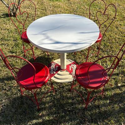 Vintage Coca-Cola Café Table w/ 4 Red Heart-Back Chairs – Retro Diner Set
