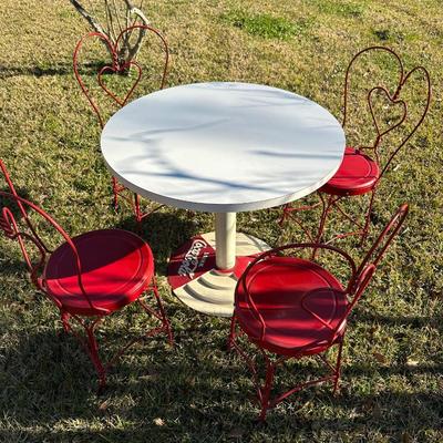 Vintage Coca-Cola Café Table w/ 4 Red Heart-Back Chairs – Retro Diner Set