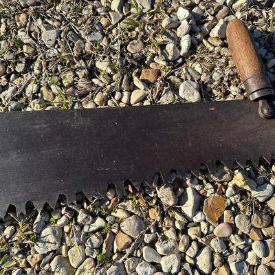 Antique 2-Man Crosscut Logging Saw – Original Wooden Handles – Maker’s Medallion