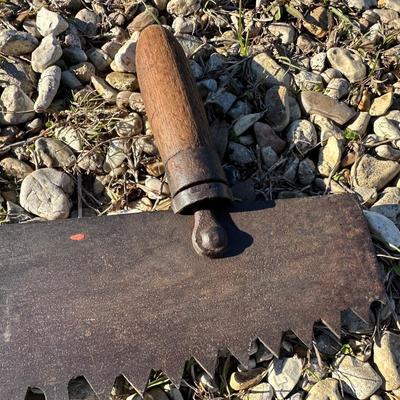 Antique 2-Man Crosscut Logging Saw – Original Wooden Handles – Maker’s Medallion