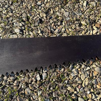 Antique 2-Man Crosscut Logging Saw – Original Wooden Handles – Maker’s Medallion