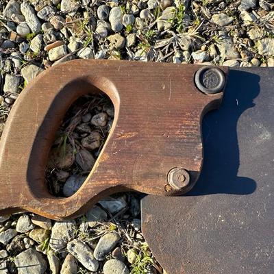 Antique 2-Man Crosscut Logging Saw – Original Wooden Handles – Maker’s Medallion