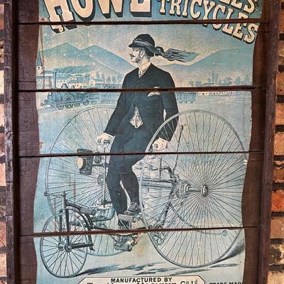 Antique HOWE Bicycles & Tricycles Advertising Sign – Mounted on Wood – Penny-Farthing Graphic