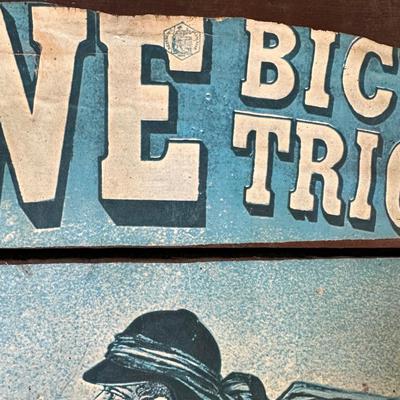 Antique HOWE Bicycles & Tricycles Advertising Sign – Mounted on Wood – Penny-Farthing Graphic
