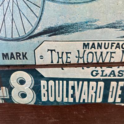 Antique HOWE Bicycles & Tricycles Advertising Sign – Mounted on Wood – Penny-Farthing Graphic