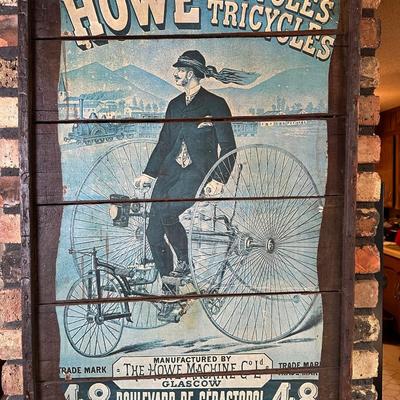Antique HOWE Bicycles & Tricycles Advertising Sign – Mounted on Wood – Penny-Farthing Graphic