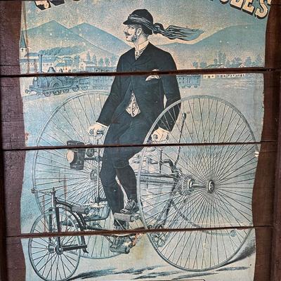 Antique HOWE Bicycles & Tricycles Advertising Sign – Mounted on Wood – Penny-Farthing Graphic
