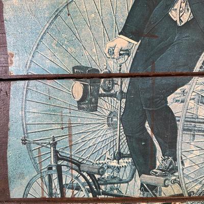 Antique HOWE Bicycles & Tricycles Advertising Sign – Mounted on Wood – Penny-Farthing Graphic