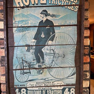 Antique HOWE Bicycles & Tricycles Advertising Sign – Mounted on Wood – Penny-Farthing Graphic