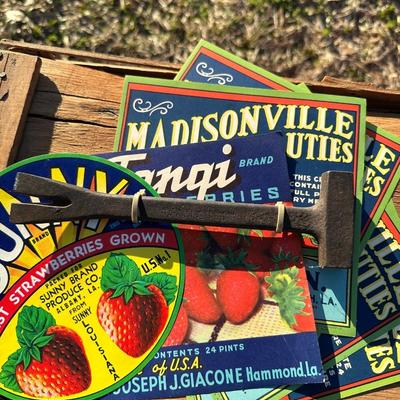 Original Louisiana Strawberry Crates w/ Labels & Crate Tool – Madisonville / Albany LA