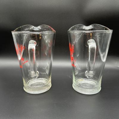 Pair of Vintage Jax Beer Glass Pitchers – Red Logo – New Orleans Brewery
