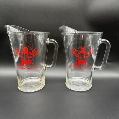 Pair of Vintage Jax Beer Glass Pitchers – Red Logo – New Orleans Brewery