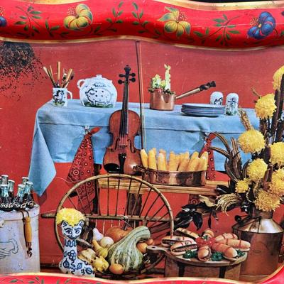 Vintage Folk Art Still Life Metal Serving Trays – Pair (Mid-Century Style)