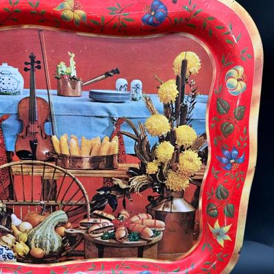 Vintage Folk Art Still Life Metal Serving Trays – Pair (Mid-Century Style)