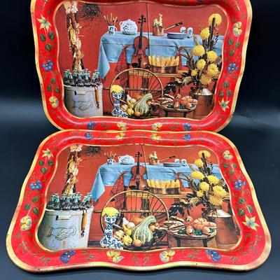 Vintage Folk Art Still Life Metal Serving Trays – Pair (Mid-Century Style)