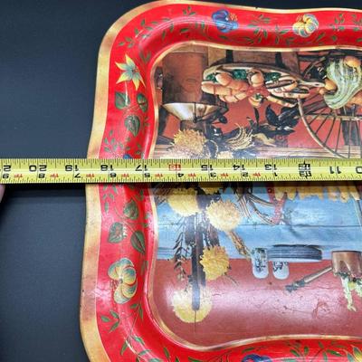 Vintage Folk Art Still Life Metal Serving Trays – Pair (Mid-Century Style)
