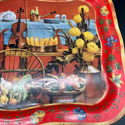 Vintage Folk Art Still Life Metal Serving Trays – Pair (Mid-Century Style)